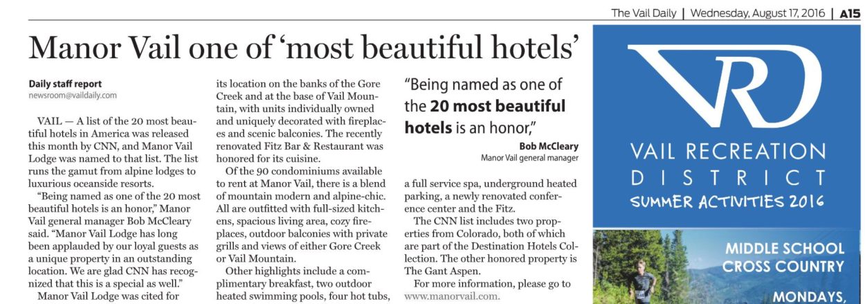 Manor Vail Lodge recognized by CNN